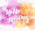 Hello spring - handwritten modern calligraphy inspirational text on floral background with abstract dots