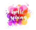 Hello spring - handwritten modern calligraphy inspirational text on multicolored watercolor paint splash. Background with abstract