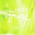 Hello spring handwritten text on a blurry green background.