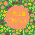 Hello Spring illustrated feminine vector banner collage style with text, colorful various flowers. Yellow pink green background Royalty Free Stock Photo