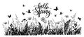 Hello spring illustration with meadow herbs and flying butterflies. Flowering spring field