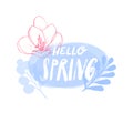 Hello spring inspirational banner with blue watercolor background and hand drawn branches, pink crocus flower