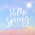 Hello Spring. Inspirational saying at blue sky background with cloud. Spring season greeting.