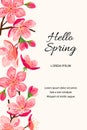 Hello Spring invitation with blossom sakura, cherry flowers