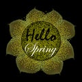 Hello spring. Label and banner template with green leaves with frame vector illustration. Darck background. Royalty Free Stock Photo