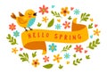 Hello spring label with bird, ribbon and flowers. Royalty Free Stock Photo