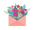 Hello spring, letter envelope with flower bouquet