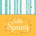 Hello spring lettering with flat flowers and leafs. Spring birch forest background.