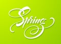 Hello Spring lettering. Hand drawn calligraphy, green background. Vector illustration