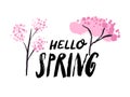 Hello spring lettering and hand drawn pink blooming sakura trees. Vector banner for cards and social media design Royalty Free Stock Photo