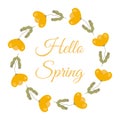 Hello Spring lettering in minimalist floral Wreath. Hand drawn frame with elegant Yellow flowers. Flat Springtime decoration Royalty Free Stock Photo