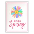 Hello Spring lettering template banner with fresh flower multi colored daisies, chamomiles. Vector illustration. Floral Royalty Free Stock Photo