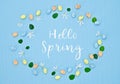 Hello spring lettering text in round floral frame