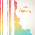 Hello spring lettering on a waves background. Spring birch forest background.