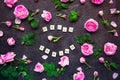 Hello Spring lettering with wooden blocks and fresh spring pink tea rose flowers, petals, buds on dark stone background. Floral se Royalty Free Stock Photo