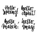 Hello, Spring, March, April, May - hand drawn lettering phrase isolated on the white background. Fun brush ink Royalty Free Stock Photo