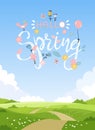 Hello Spring. Modern summer poster with background of natural landscape. Beautiful lettering letters on a sunny sky