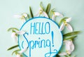 Hello spring note decorated with snowdrops