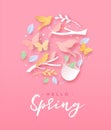 Hello spring paper cut card of nature season icons Royalty Free Stock Photo