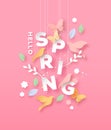 Hello spring paper cut card of nature season icons Royalty Free Stock Photo