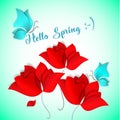 Hello Spring Paper-cut style card on green background. Red flower, blue butterfly. 3D vector, day, happy, love, flora Royalty Free Stock Photo