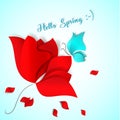 Hello Spring Paper-cut style card. Red flower, blue butterfly and flying petals. 3D vector, day, happy, love, flora Royalty Free Stock Photo