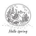 Hello spring postcard. Glass terrarium with cute cat and garden in cartoon style. Contour vector illustration Royalty Free Stock Photo