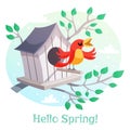 Hello Spring poster. Birdhouse and a singing bird