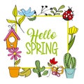 Hello spring poster cactus flower ladybug bird Royalty Free Stock Photo