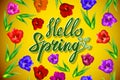 Hello Spring Poster Design in Realistic Colorful Vector Flowers Background with Vines for Spring Season. Vector Illustration Royalty Free Stock Photo