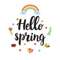 Hello spring quote with decorative floral elements. Beautiful poster with rainbow, butterfly, bee, ladybug, flowers and hand writt Royalty Free Stock Photo