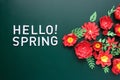 Hello, spring. With red paper flowers and green leaves Royalty Free Stock Photo