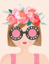 Hello Spring Romantic Banner with Cute Girls and Flowers. Floral Spring Design with Beautiful Woman in Trendy Eyeglasses