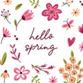 Hello spring. Romantic greeting card with lettering and scandinavian flowers in light colours. Floral greeting cards, poster,