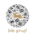 Hello spring. Running silhouette of a rabbit in the flower circle. Calligraphy card. Hand drawn design elements. Handwritten mode