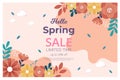 Hello spring sale banner with blossom bloom. Sale banner. Vector illustration. Hand drawn