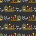 Hello spring seamless pattern of little birds in bird house with cute flowers garden and Hello spring text Royalty Free Stock Photo