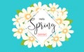 Hello spring season time, sales season banner or poster with col