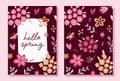 Hello spring. Set of romantic greeting card with lettering and scandinavian flowers on dark background. Floral greeting cards,