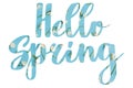 Hello Spring. Stylish Hello Spring floral text with white spring flowers on blue background, lettering isolated on white. Floral