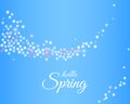 Hello Spring tender blue background with sparkling stream from sakura flowers. Vector