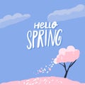 Hello spring text on beautiful scenery, pink cherry blossom tree with falling petals and blue sky. Vector cartoon Royalty Free Stock Photo