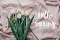 Hello spring text fresh sign. instagram spring flat lay. stylish