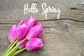 Hello Spring text sign, beautiful pink tulips on rustic wooden background flat lay. Spring concept and Happy Easter greeting card. Royalty Free Stock Photo