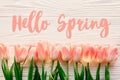 hello spring text sign, beautiful pink tulips on white rustic wooden background flat lay. flowers in soft morning sunlight with s Royalty Free Stock Photo