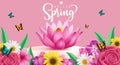 Hello spring text vector design. Spring greeting card with lotus flower in podium stage Royalty Free Stock Photo