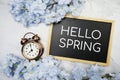 Hello Spring text on wooden blackboard and flower decoration on marble background