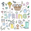 Hello spring. Spring time collection with flowers, plants and gardening tools. Hand drawn. For scrapbooking, greeting card, Royalty Free Stock Photo