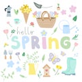 Hello spring. Spring time collection with flowers, plants and gardening tools. Hand drawn. For scrapbooking, greeting card, Royalty Free Stock Photo