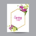 Hello Spring Tropic Design. Tropical Orchid Flowers Background with Golden Frame for Poster, Sale Banner, Placard, Flyer